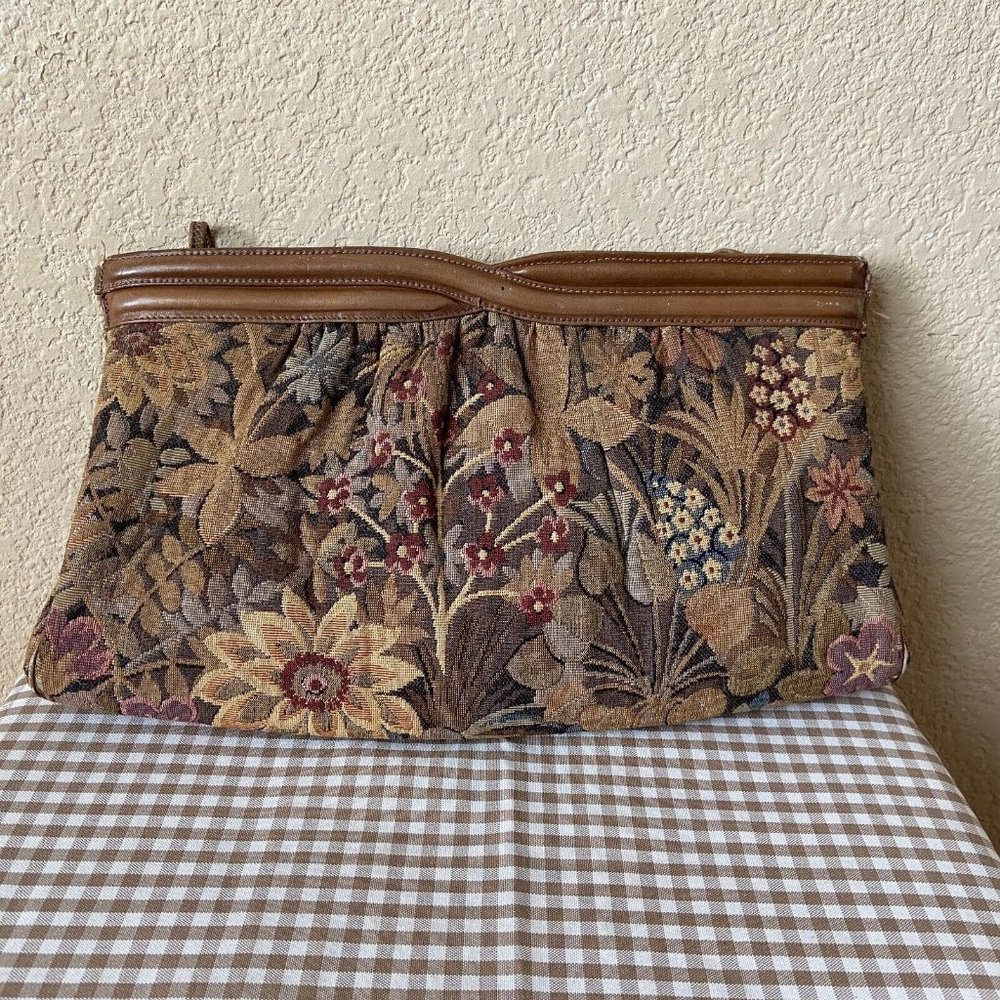 Vintage 80s Morris Moskowitz Khaki Leather and Tapestry Clutch/Handbag